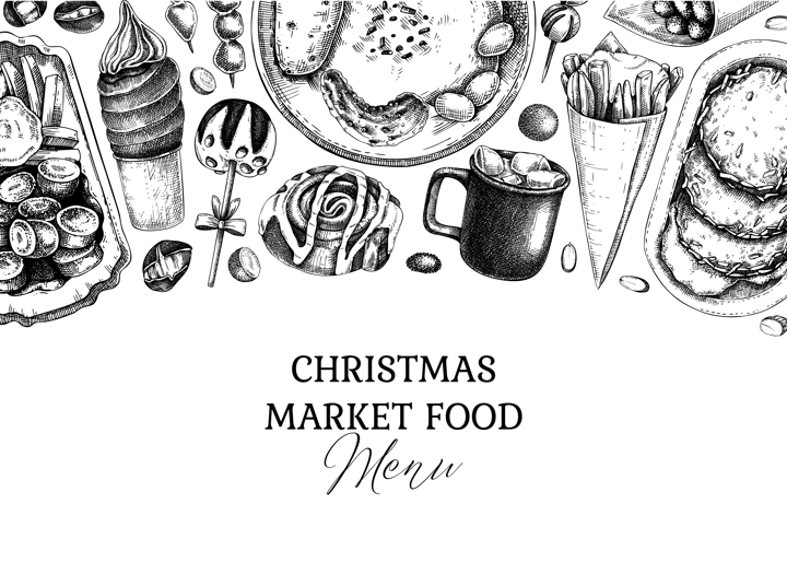 Vintage Christmas market food background. Fast food menu design. Hand-drawn vector illustration. Pastry, sweets, grilled sausages, hot drinks sketches. Christmas banner